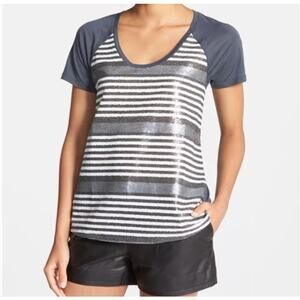 Halogen Sequin Stripe Scoop Neck Tee Sparkle Holiday SZ Small Gray Silver White